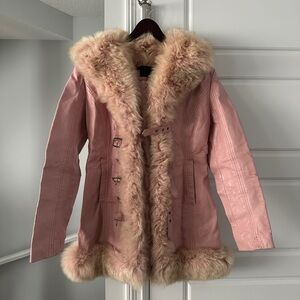 Vintage Y2K Pink Leather Penny Lane Jacket with Fox Fur Trim